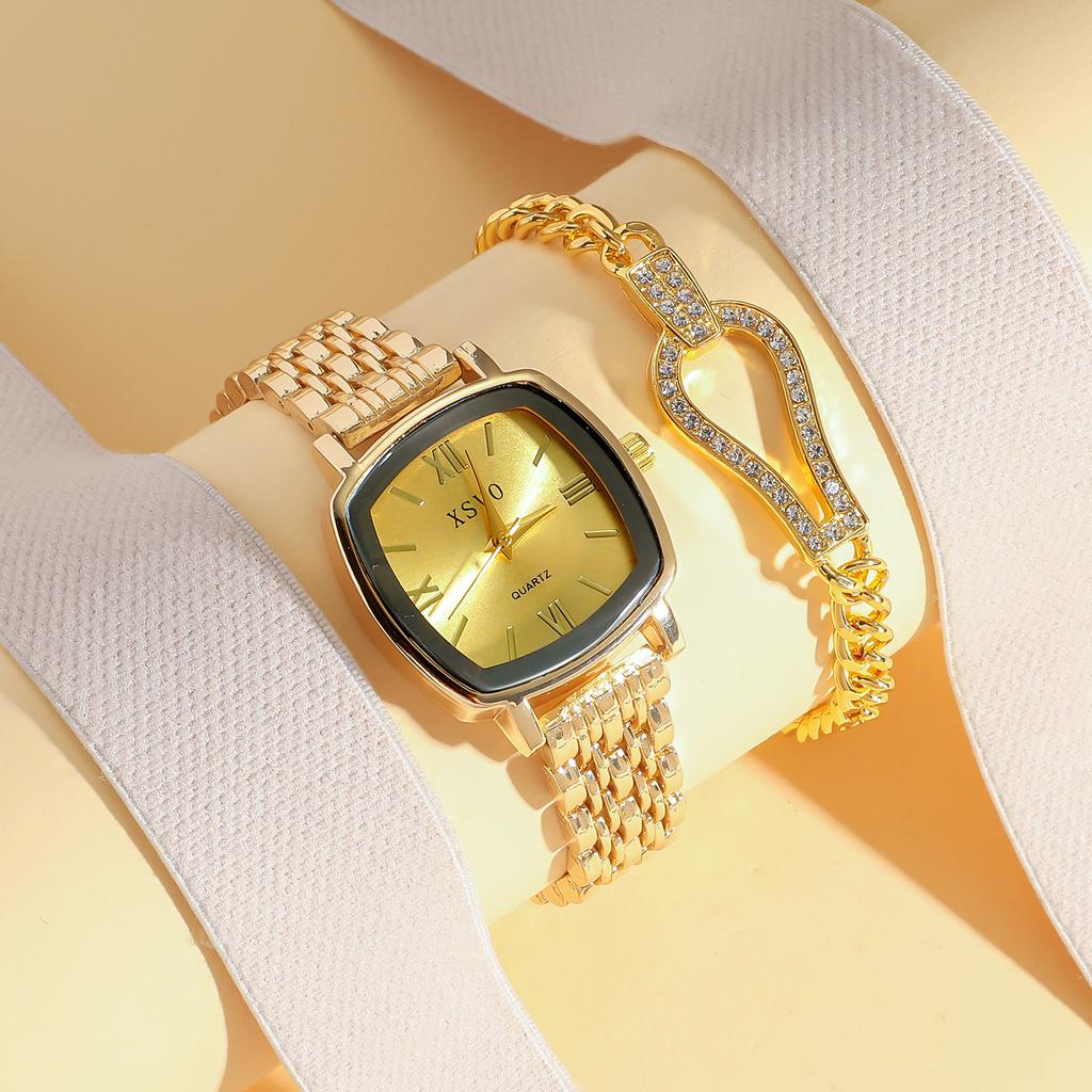 2-piece Set of Fashionable New Niche Square Roman Digital Quartz Watch with Bracelet Without Gift Box