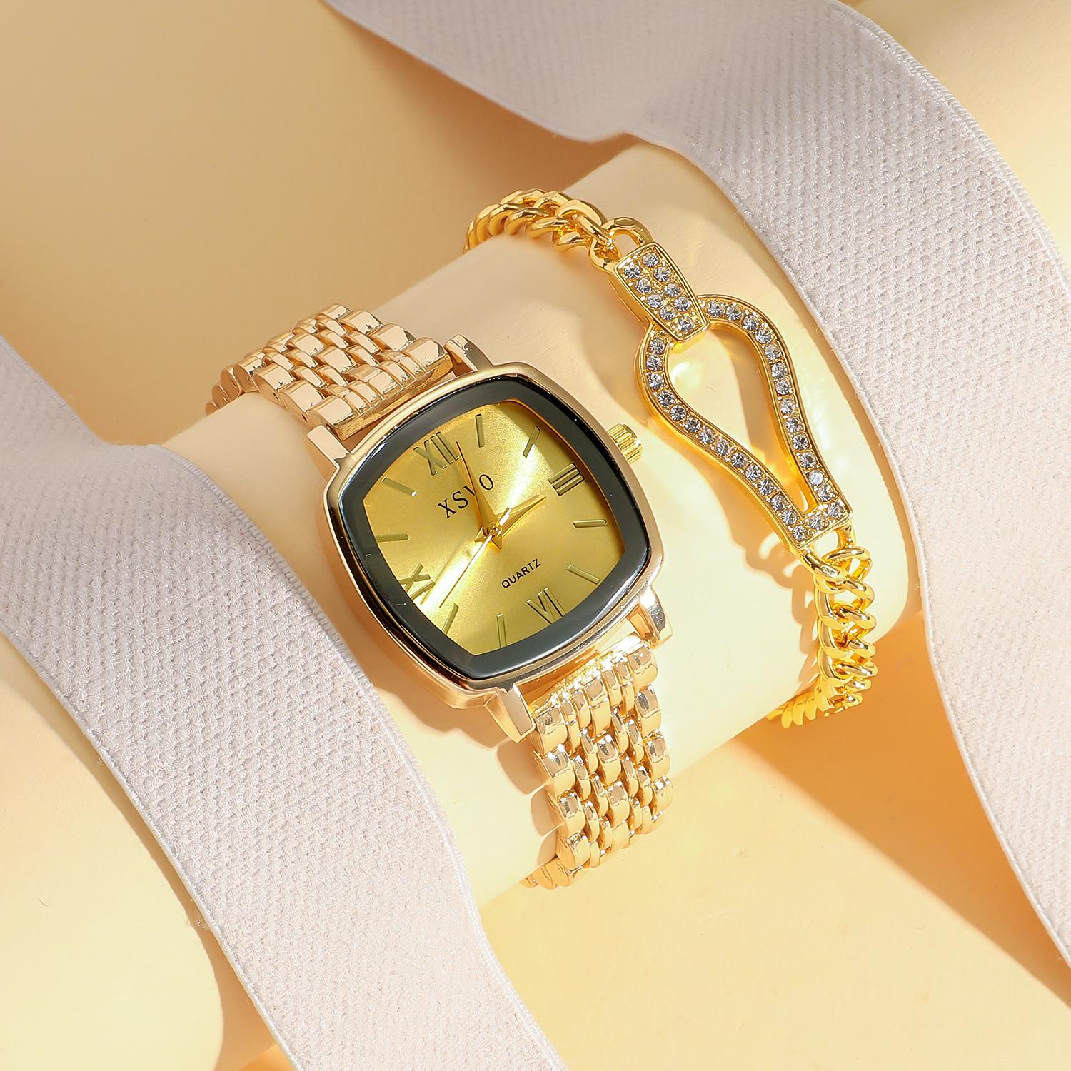 

2-piece set of fashionable new niche square Roman digital quartz watch with bracelet without gift box золотой