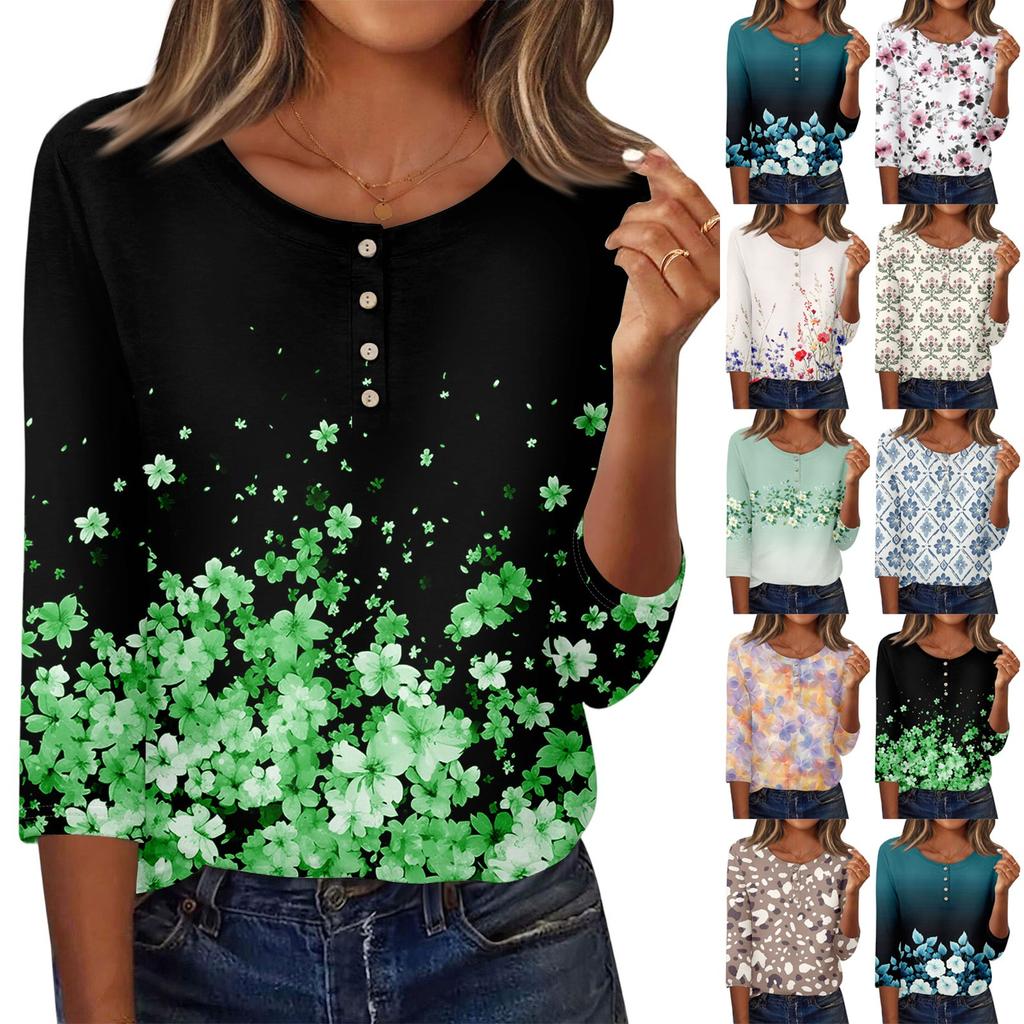 3/4 Sleeve Shirts For Women Button Down Shirt Top For Women Half Button Down Print Graphic Blouse