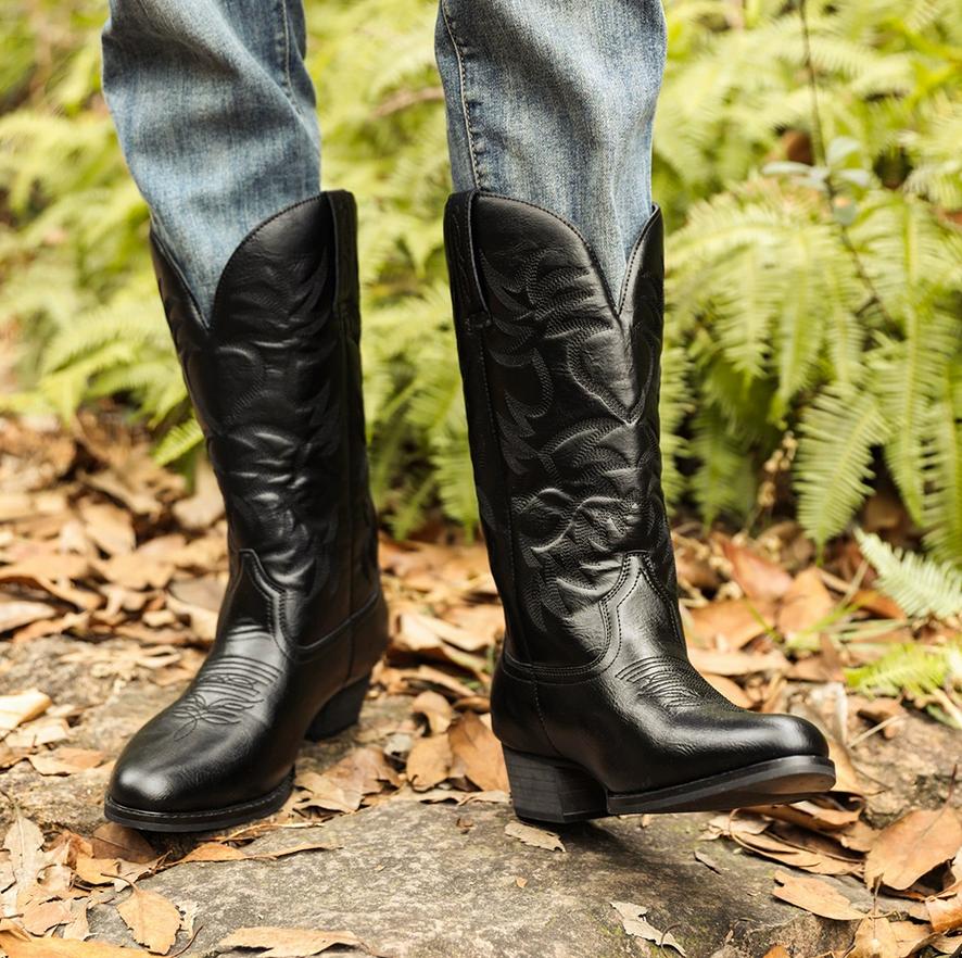 10ASalto Alto Confortável Bordado Primavera e Outono Botas de Motocicleta Raiz de Madeira Botas de Cowboy Ocidentais Altas da Moda