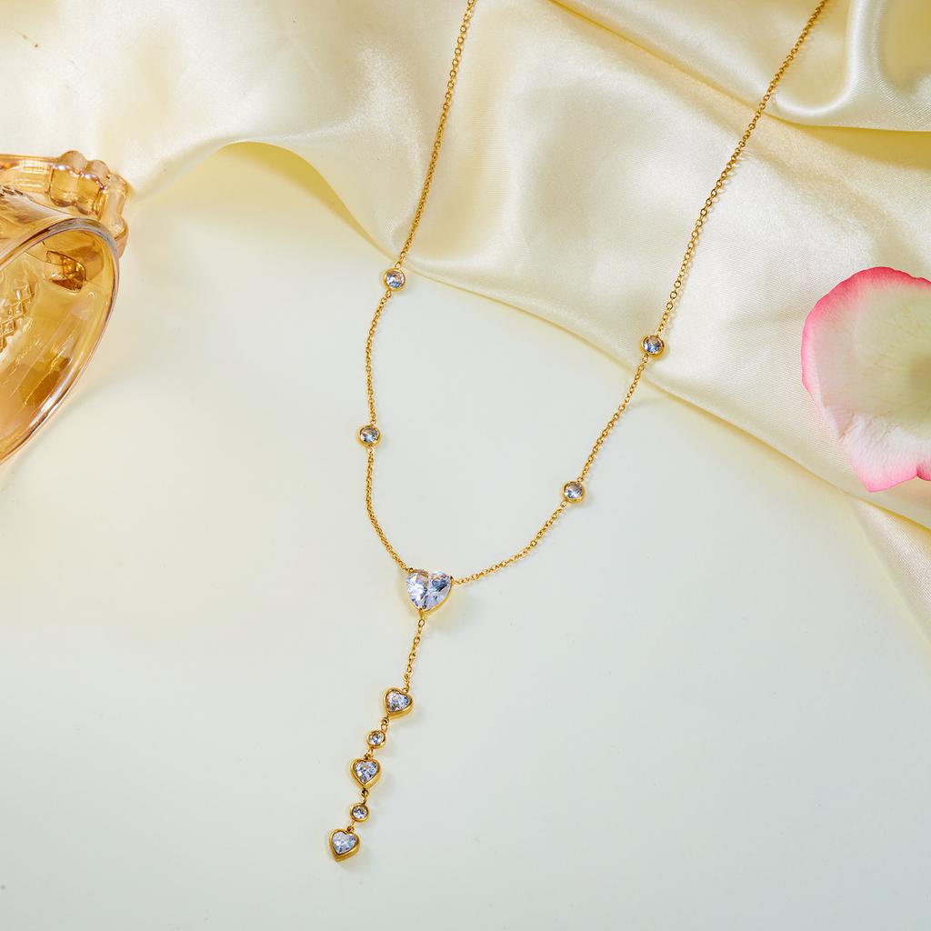 Trendy Heart Wavy Stainless Steel Y Drop Lariat Necklace for Women Dainty CZ Stone Long Chain Party Unique Jewelry Gift