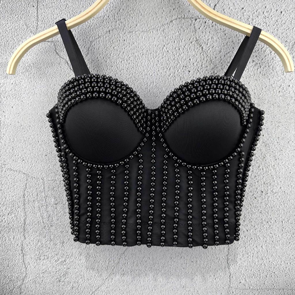 Perlen Handgefertigt Klein Tank Top Träger Modisch und Jugendlich Figurformend Retro Einfarbig Fischgrätenmuster Nachtclub Performance Kleidung Camis Tank Tops