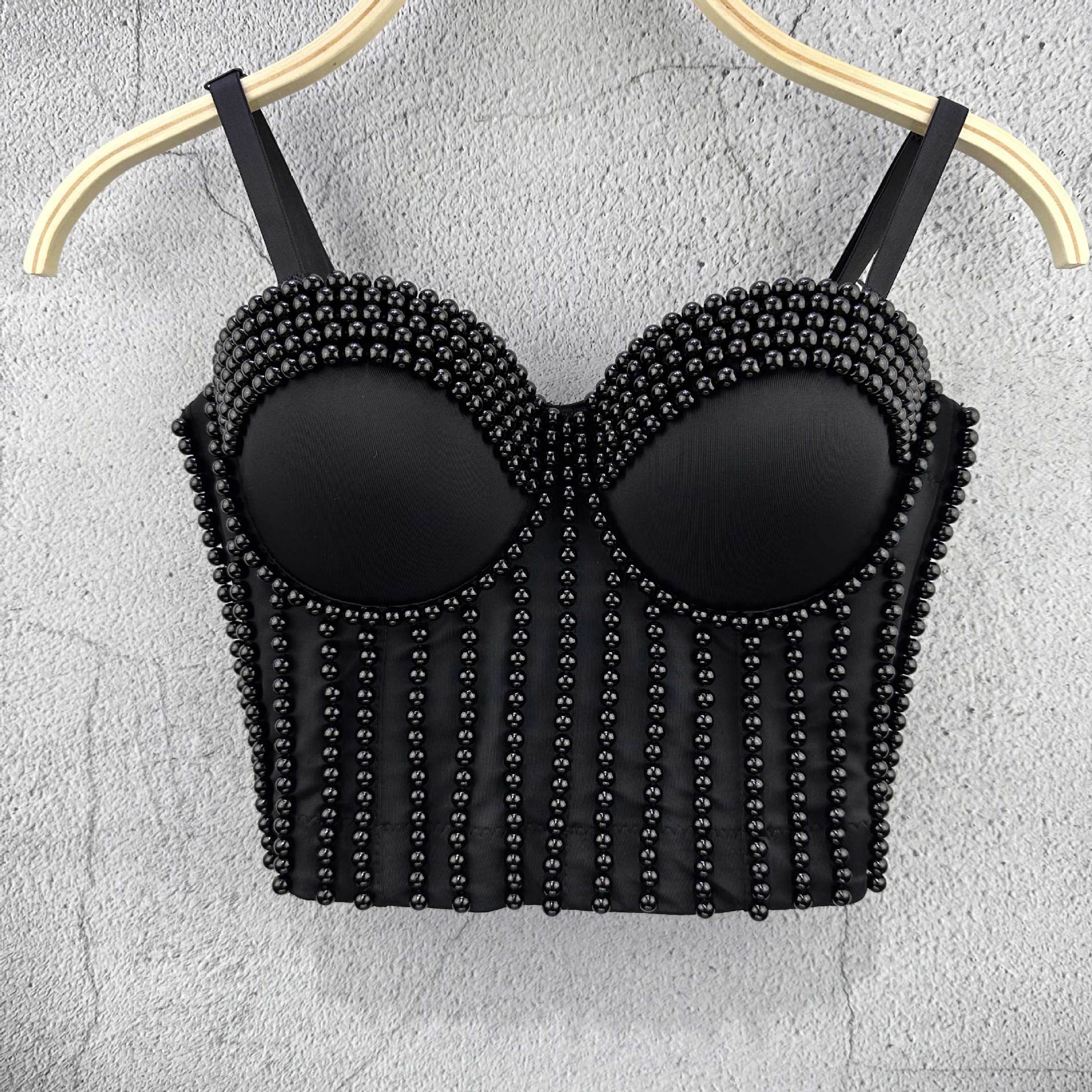 

Жемчужный ручной работы маленький топ на бретелях Модный и молодежный, формирующий фигуру, ретро однотонный, с косточками, наряд для клубных выступлений, майки-топы 40/90 чёрный