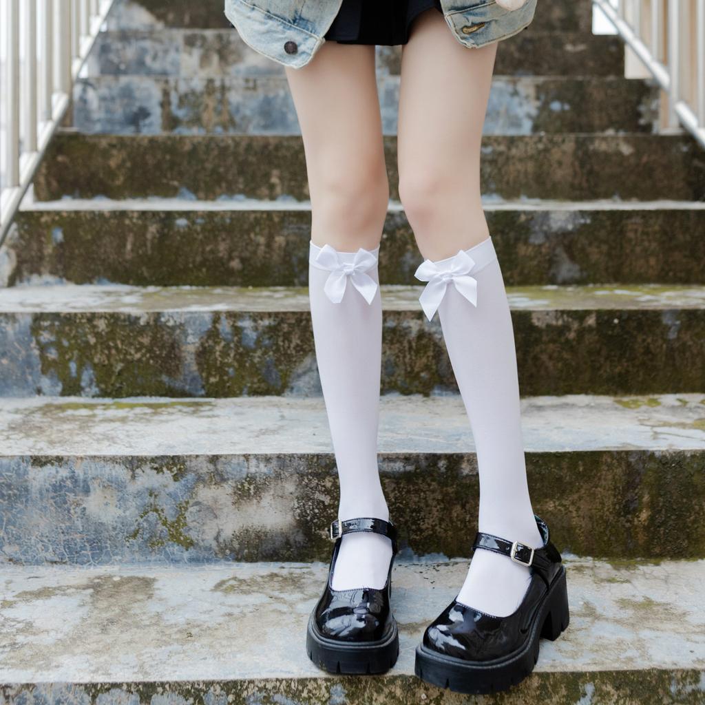 Women'S Socks, Velvet Thin Bow Jk Style College Socks, Solid Color Medium Tube Knee Socks