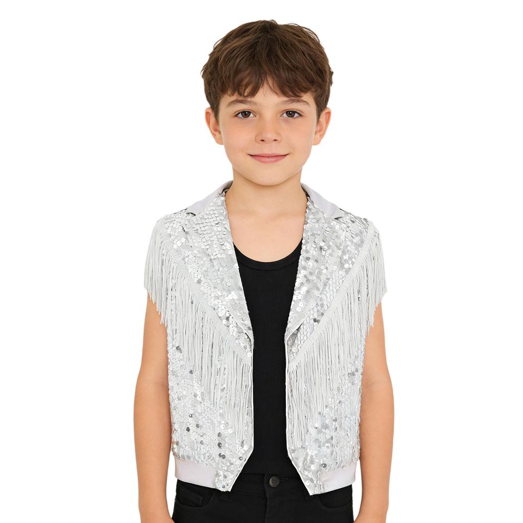 Gilet de Performance Scénique Danse Jazz pour Garçons à Franges Paillettes Scintillantes Revers de Couleur Contrastante Haut Sans Manches