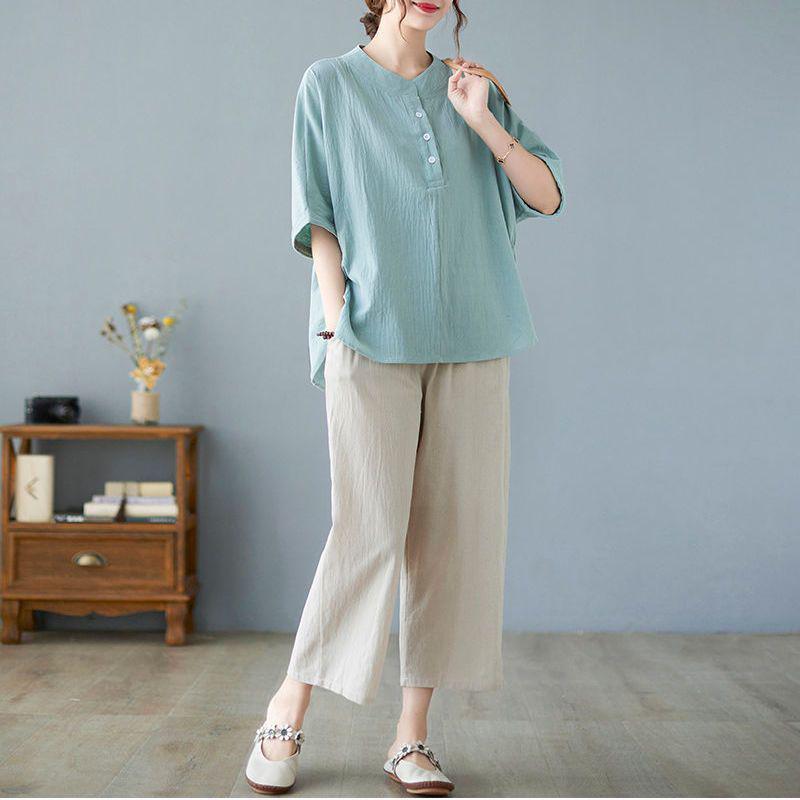 Plus Size Summer Cotton Linen Short-Sleeve Set for Middle-Aged Women - Fashionable Casual Two-Piece Outfit