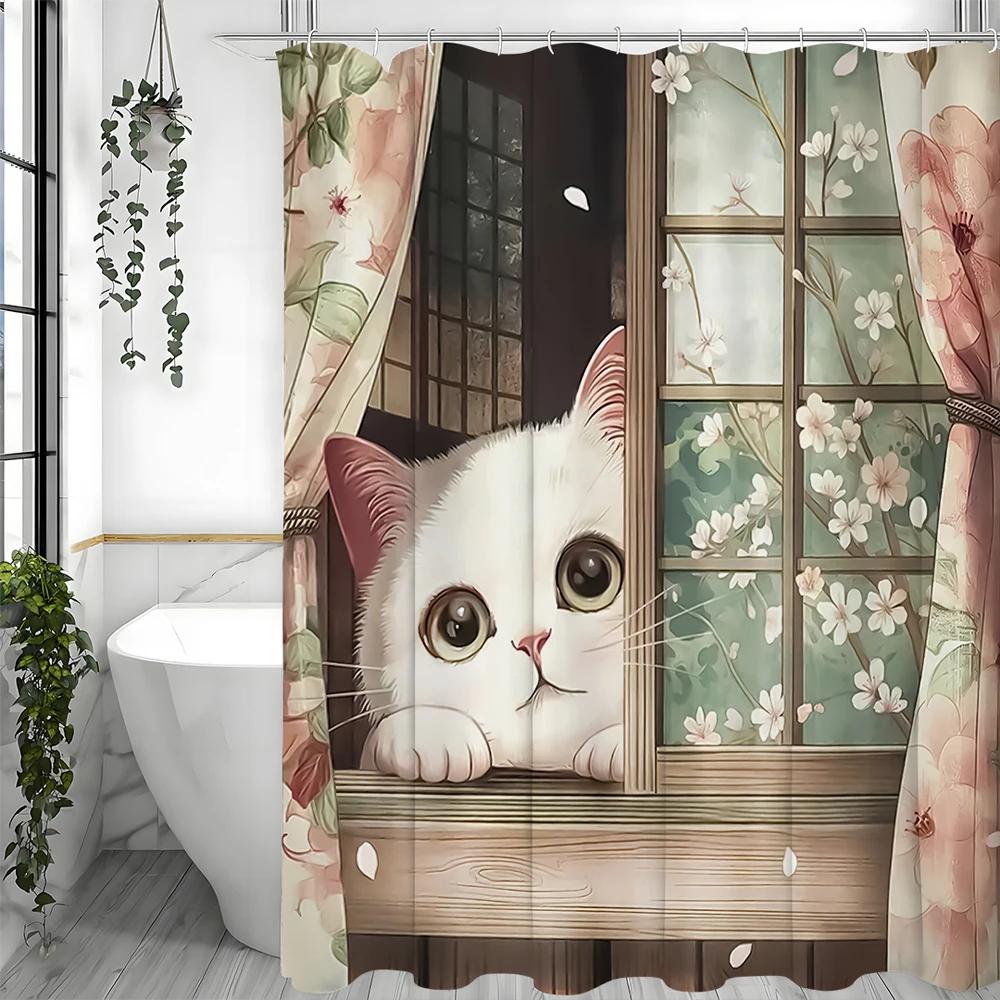 

Cartoon Cute Kitten Shower Curtain, Bathroom Decorative Shower Curtain, Waterproof Shower Curtain With Hooks W60H190(CM)-1 Pcs