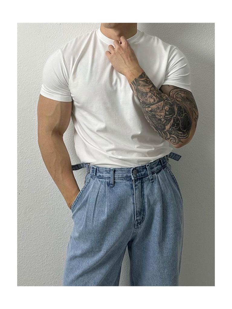 Camiseta de Fitness Masculina de Manga Curta com Secagem Rápida e Decote Pequeno