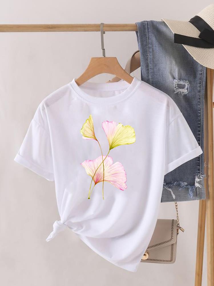 Kwiatek Słodki Trend lat 90. Uroczy Krótki Rękaw Nadruk Moda Graficzny T-shirt Kobiety Top Pani Damska Koszulka Tee Okrągły Dekolt Odzież Ubrania