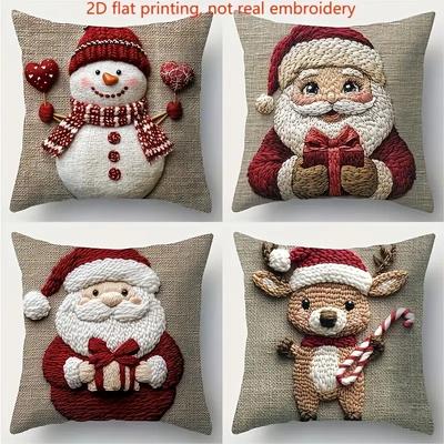 Christmas Style Pillowcase Embroidered with Snowman, Santa Claus, and Reindeer New Year Home Decoration 2d Flat Printing