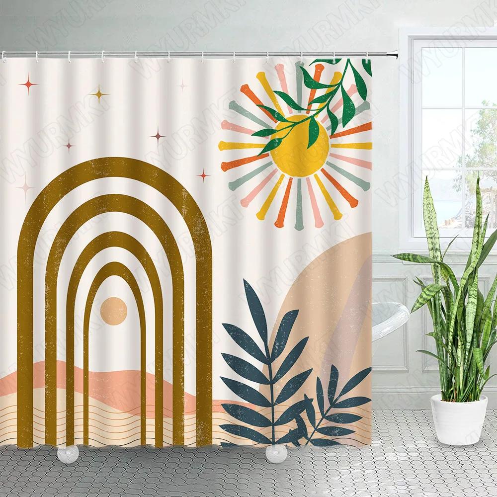 Abstract Mid Century Shower Curtain For Bathroom Decor Modern Boho Minimalistic Semicircle Curve Aesthetic Fabric Bath Curtains