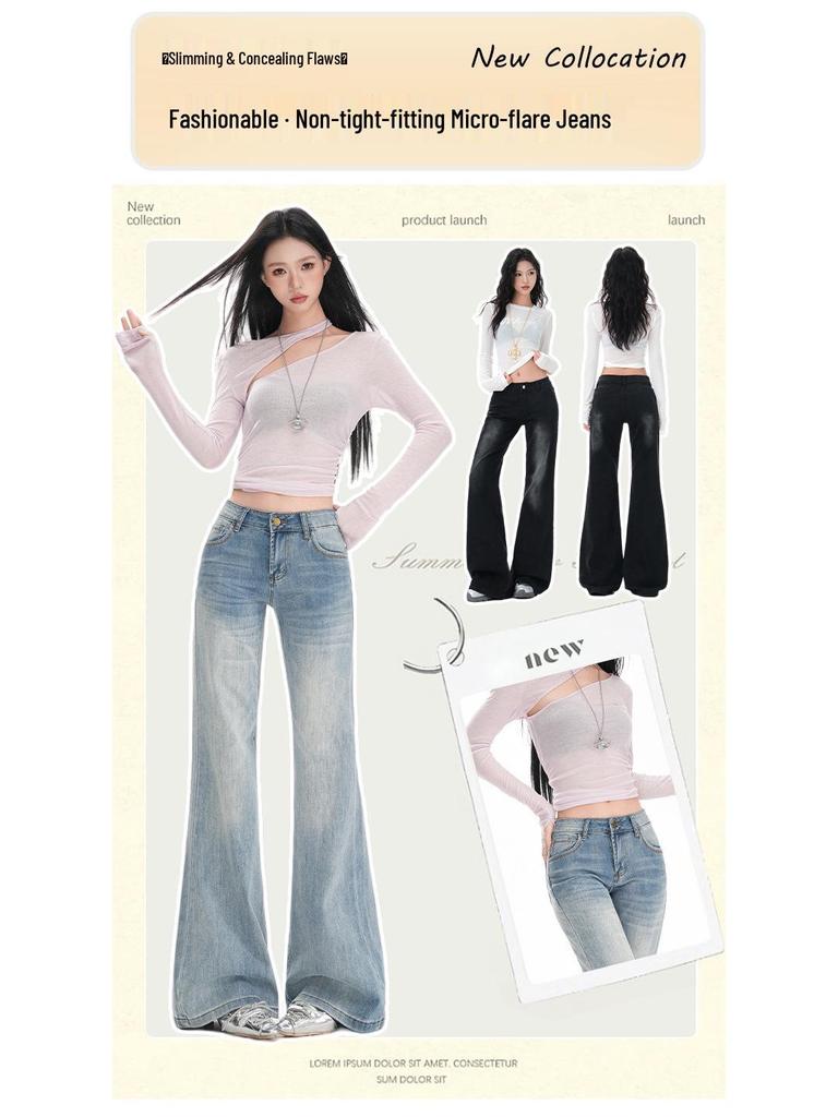 Ice Blue Women's Low-Waist Slim Fit Micro Flare Jeans - 2025 Trendy Extended Length Cropped Pants