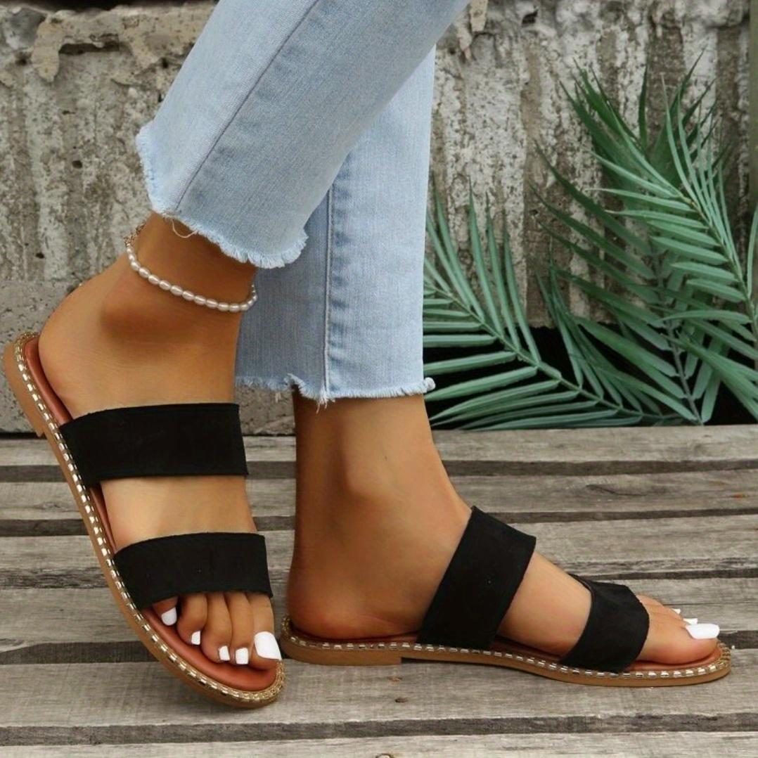 

Женские шлепанцы на плоской подошве с двойным ремешком, противоскользящие туфли без шнуровки с круглым носком, универсальные пляжные шлепанцы на открытом воздухе 39 чёрный