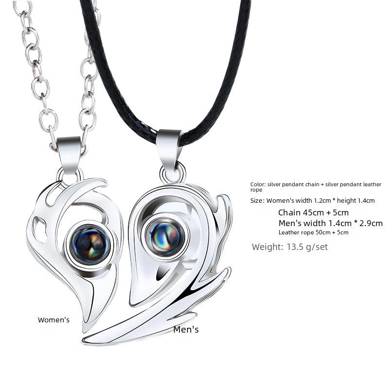 "I Love You" Projection Necklace with Magnetic Love Couple Design - Multilingual 100 Languages Pendant Pair.
