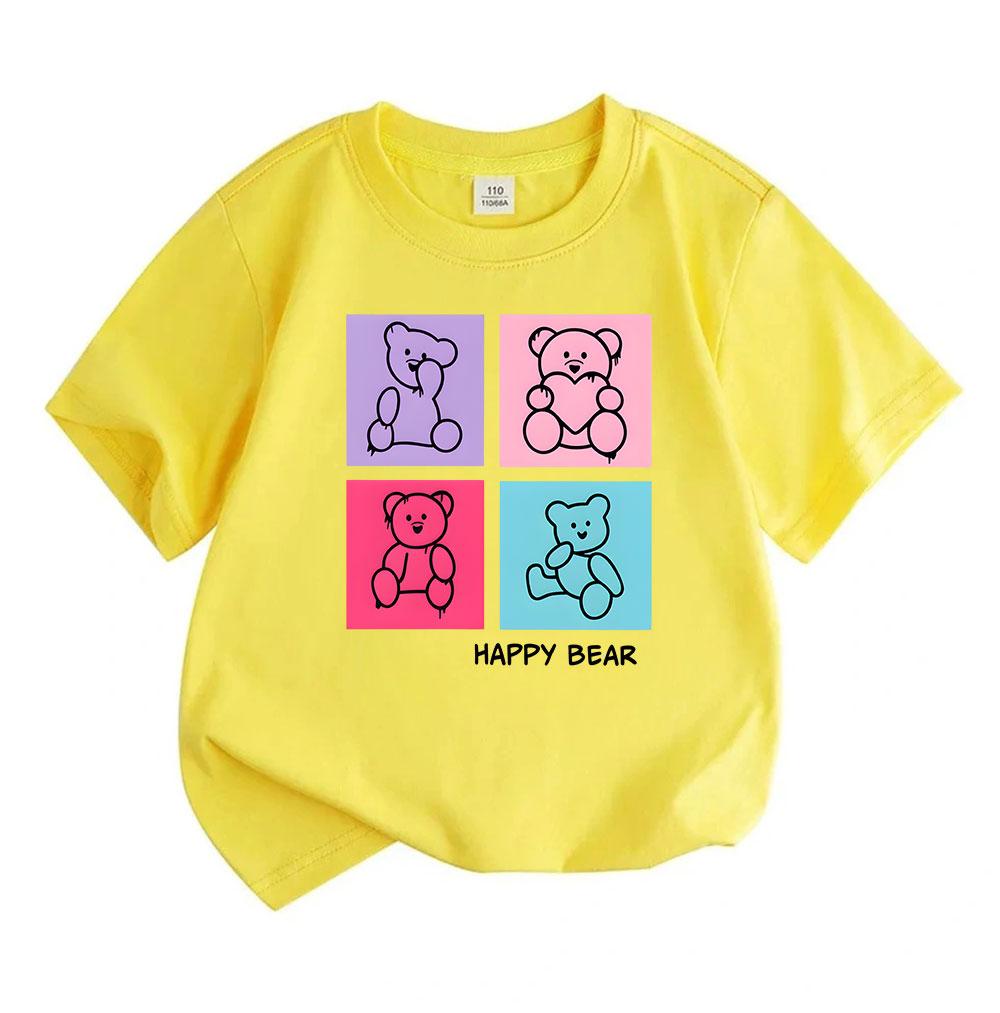 Kids Boys Girls 100% Cotton Short Sleeve Crew Neck T-Shirt, Cute Happy Bear Graphic Print Soft Casual Tee for Children Daily Wear