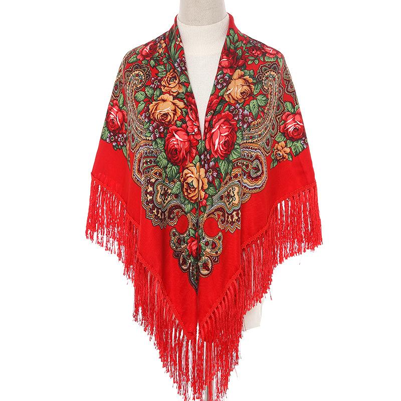 130*130Cm  National Square Scarves Women'S Luxury Peony Flower Print Fringed Shawl Handkerchief Cotton Head Wraps