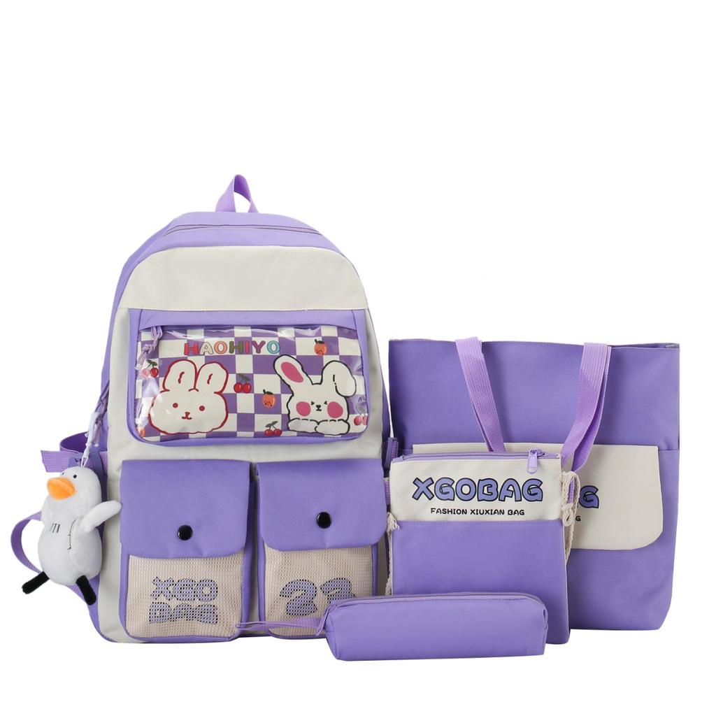 New student four-piece Korean version of cute campus sweet girl backpack large capacity rabbit print leisure bag