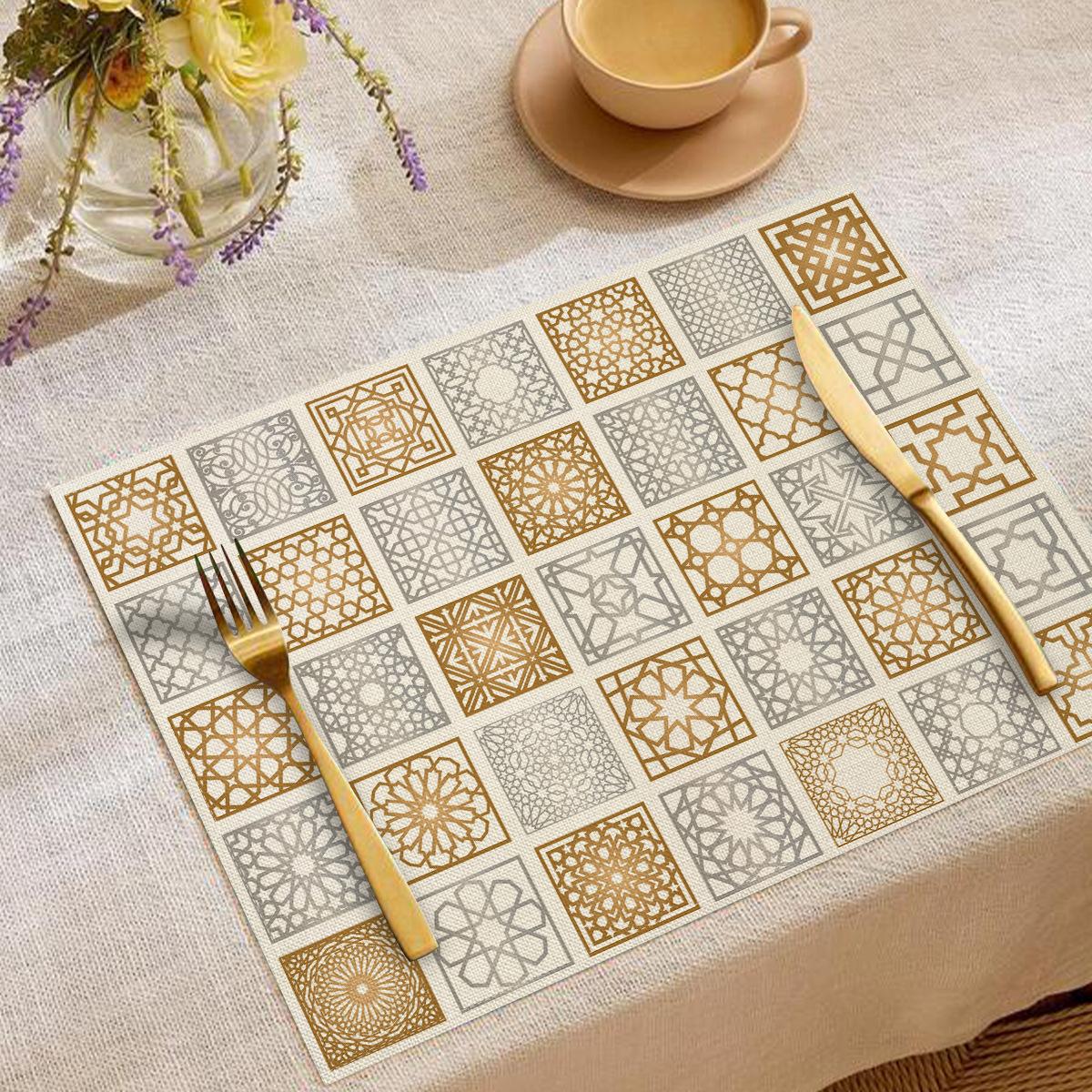 

Middle Eastern Style Star Moon Print Linen Placemat Washable Desktop Protector Stain Resistant Mat Home Anti-slip Mat 1pcs