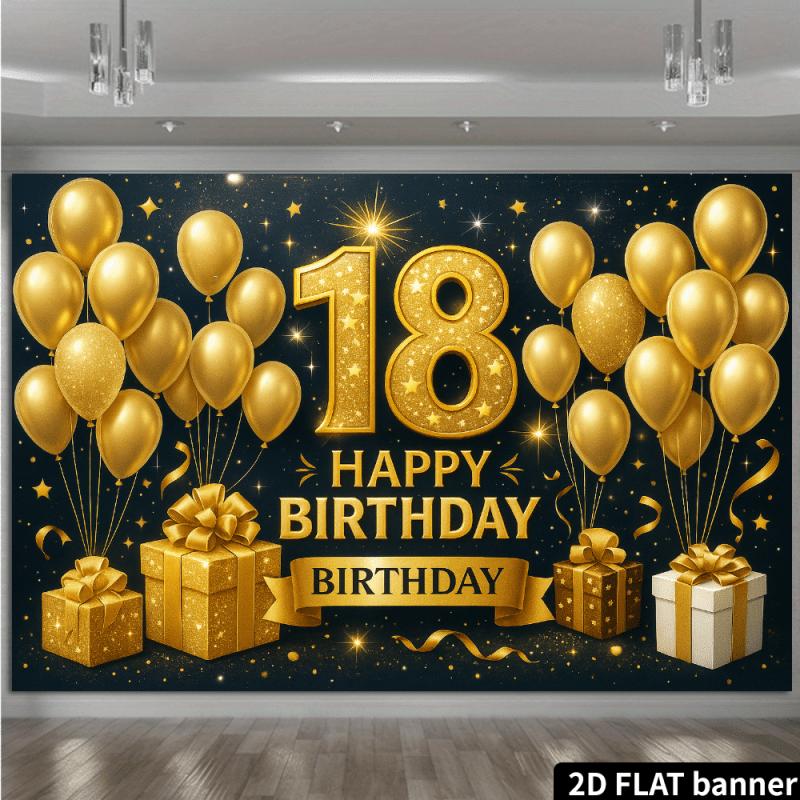 2D planar golden pattern birthday backdrop for 18-year-olds with black background and golden glittered numbers "18".PMJ