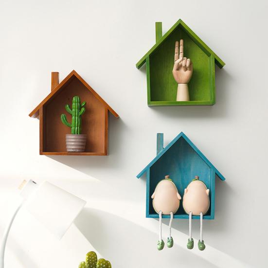 Wood House Wall Display Shelf, Wall Mounted Decorative Floating Shelf, Small Toys Dolls Organizer for Entryway, Living Room, Nursery