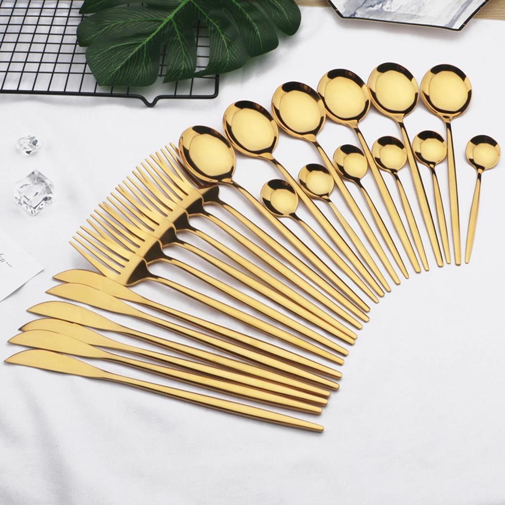 24Pcs Gold Tableware Set Stainless Steel Flatware Dinnerware Spoon Knife Fork Dinner Cutlery Set Western Kitchen Silverware