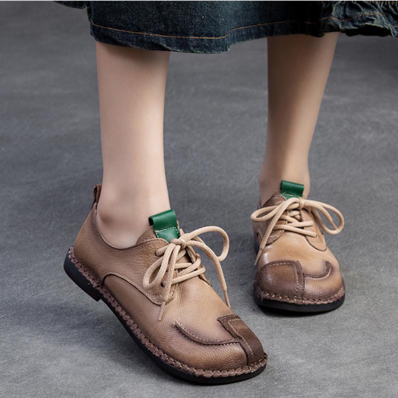 Johnature Damenschuhe aus echtem Leder mit weicher Sohle, Vintage-Stil, runde Spitze, Schnürung, vielseitige, bequeme, flache Schuhe
