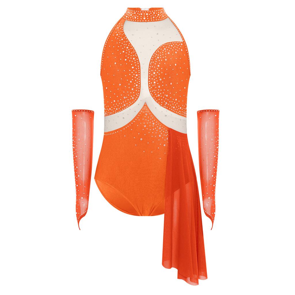 Girls Figure Skating Costume Shiny Rhinestones Sheer Mesh Patchwork Asymmetrical Skirted Leotard Gloves Set