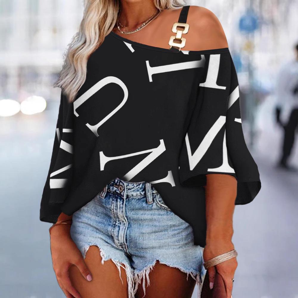 2023 Outono Moda Europeia e Americana Solta Casual T-shirt Feminina com Emenda Estampada