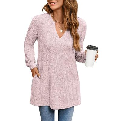 Primavera outono topo feminino casual camisola de malha longa mangas compridas bolsos cor sólida fenda lateral pulôver solto