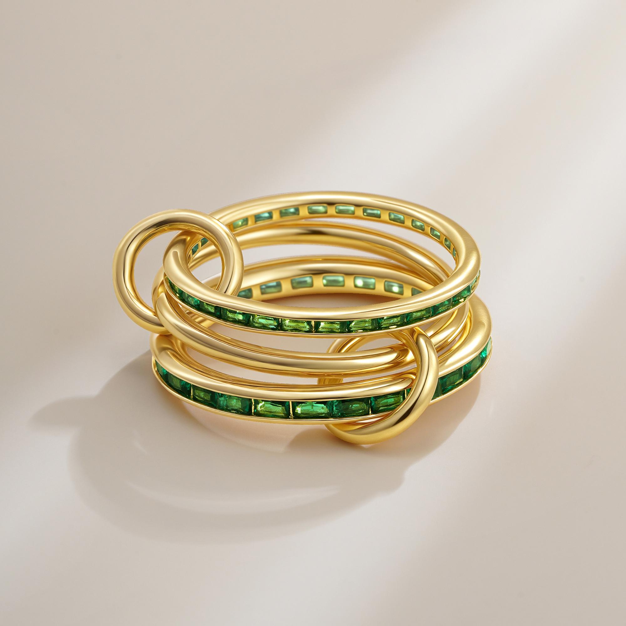 

Glossy Shine Green Cubic Zirconia Stainless Steel Gold Color 3 Links Ring Trendy Gold Plated Waterproof Daily Versatile Jewelry 6 золотой