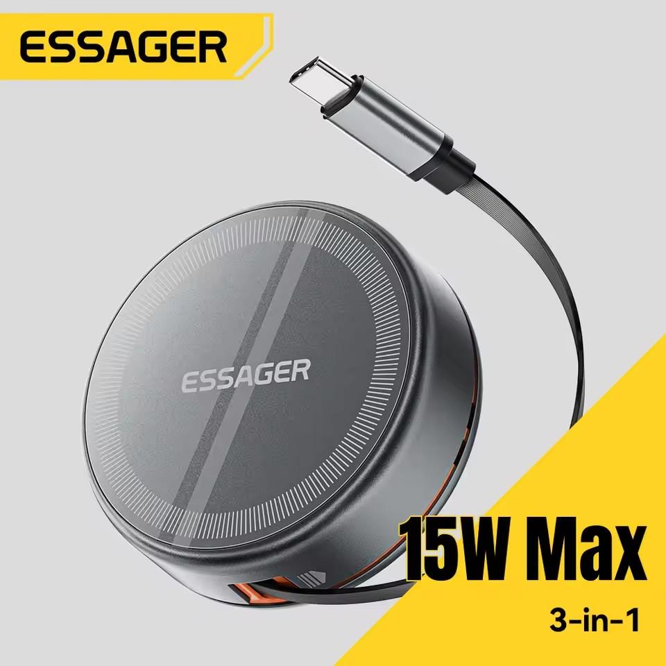Essager 15W 3 in 1 Magnetic Wireless Charger With 96cm Retractable Type-C Cable For iPhone 16 15 14 13 Pro Max Airpods Watches