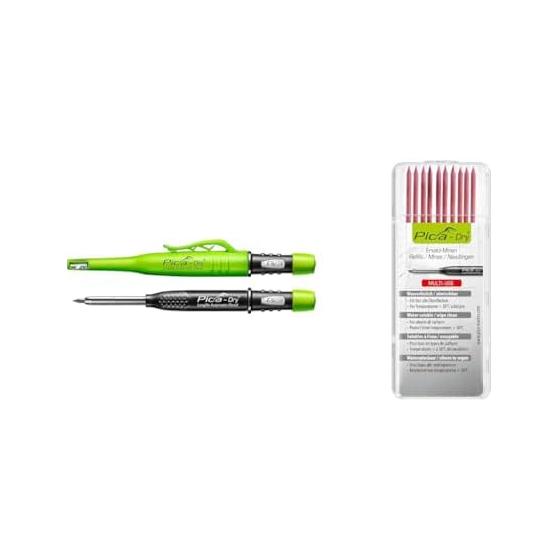 Pica-Marker  Dry  Construction Pencil, Round Lead 2.8mm, Black 2B 3030 + Refill Leads for  Dry  Construction Pencil, 10 pcs, Red 4031