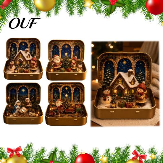 Small Holiday Tabletop Decor Mini Christmas Set in A Tin Box, Pocket Size Scene Tiered Decoration Box with Miniature Figures, Collectible for