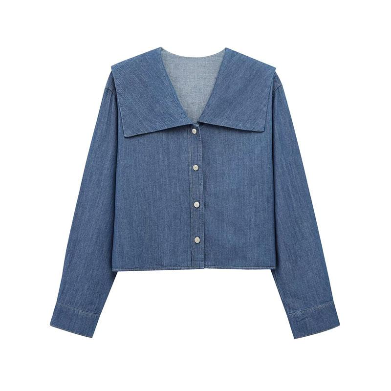 

Повседневная джинсовая однотонная рубашка женская с длинным рукавом и воротником Питер Пэн, рубашки на пуговицах для женщин 2025 года, весна-лето, свободная однобортная верхняя одежда L синий