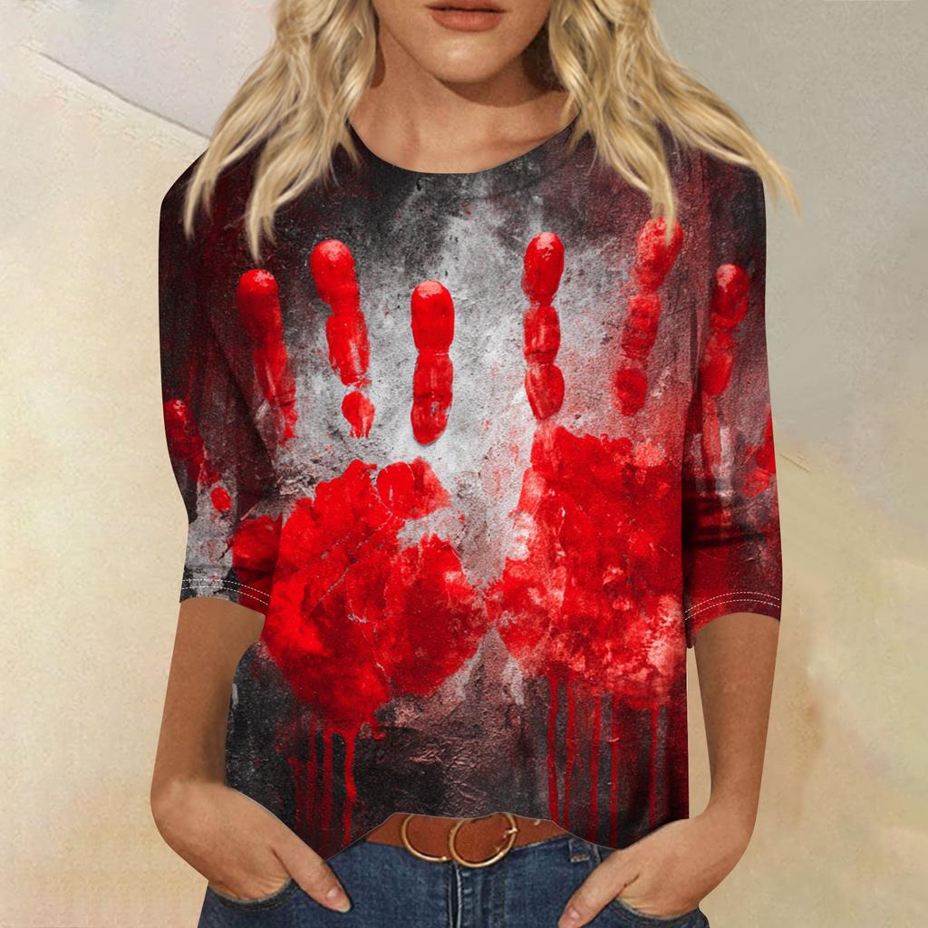 Damenmode Lässig Rundhals Dreiviertelarm Halloween Bedrucktes T-Shirt Top