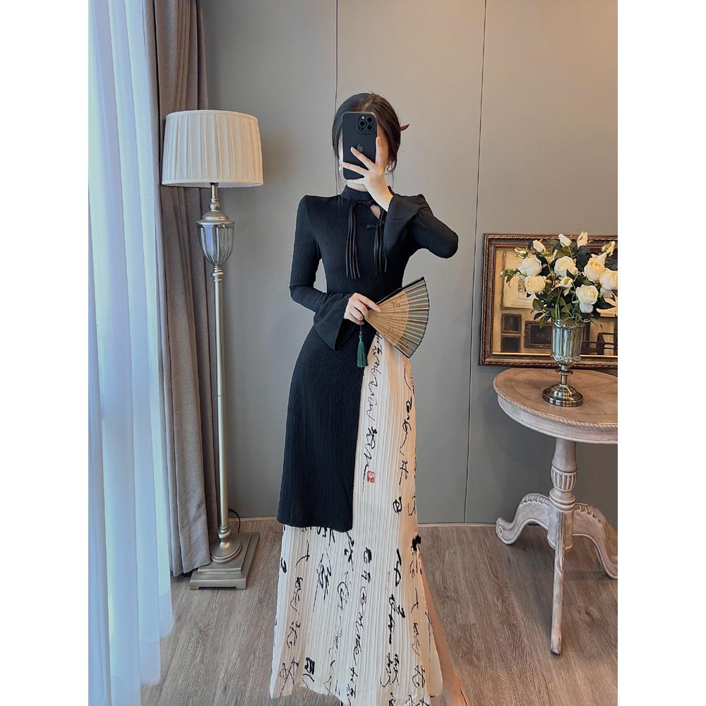 Chinese Style Modified Cheongsam Ink Painting Dress Long Sleeve Suit Women's Dress