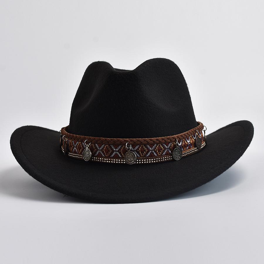 Unisex Winter Autumn Imitation Wool Felt Hat Vintage Western Cowboy Cowgirl Jazz Cap With Belt