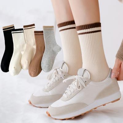 Women's Mid-calf Cotton Sports Socks Maillard Stripes Simple High Elastic Casual Girls Socks Comfortable and Breathable Women's Socks