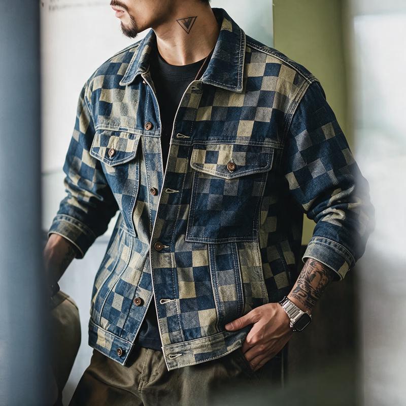 GUANGAN AEPE Men's American Retro Plaid Denim Jacket