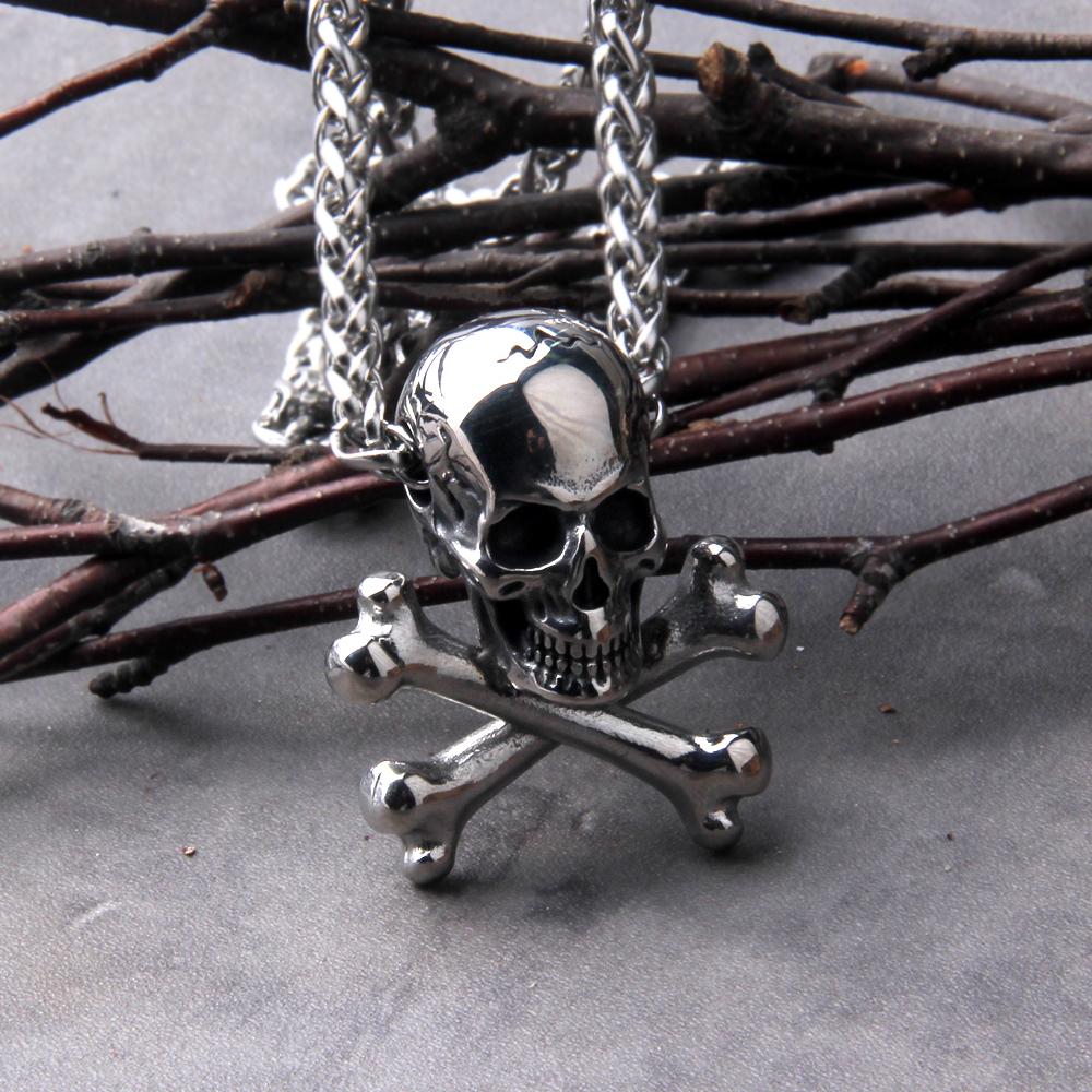Punk Stainless Steel Skull Chain Pendant Necklace Vintage Hip Hop Statement Necklaces for Men Male Boho Jewelry with wooden box