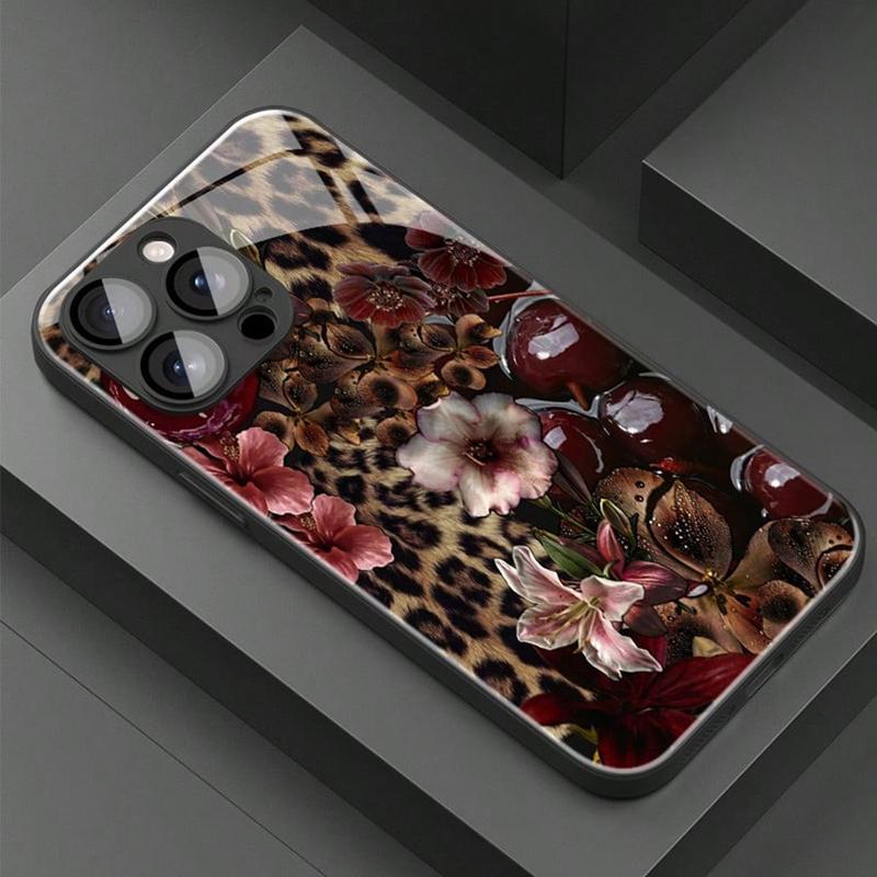 

Закаленное стекло с узором Леопардовая вишня Чехол для телефона Для iPhone 17 16 15 14 13 12 11 Pro Max 17Air 16E 7 8 15 Plus XR XS X Чехол iPhone 16