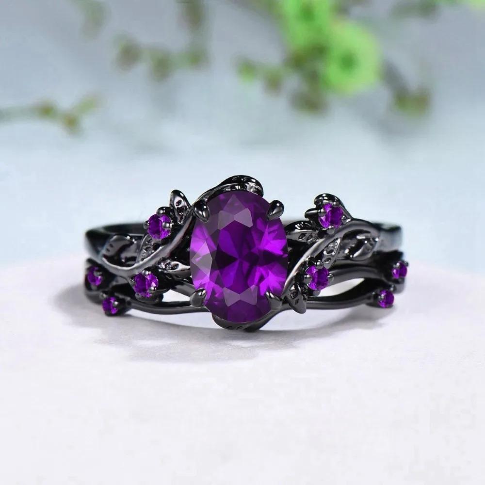 2Pcs/Set Fashion Black Gold Color Purple Rhinestone Zircon Rings For Women Full Crystal Rings Wedding Engagement Gifts