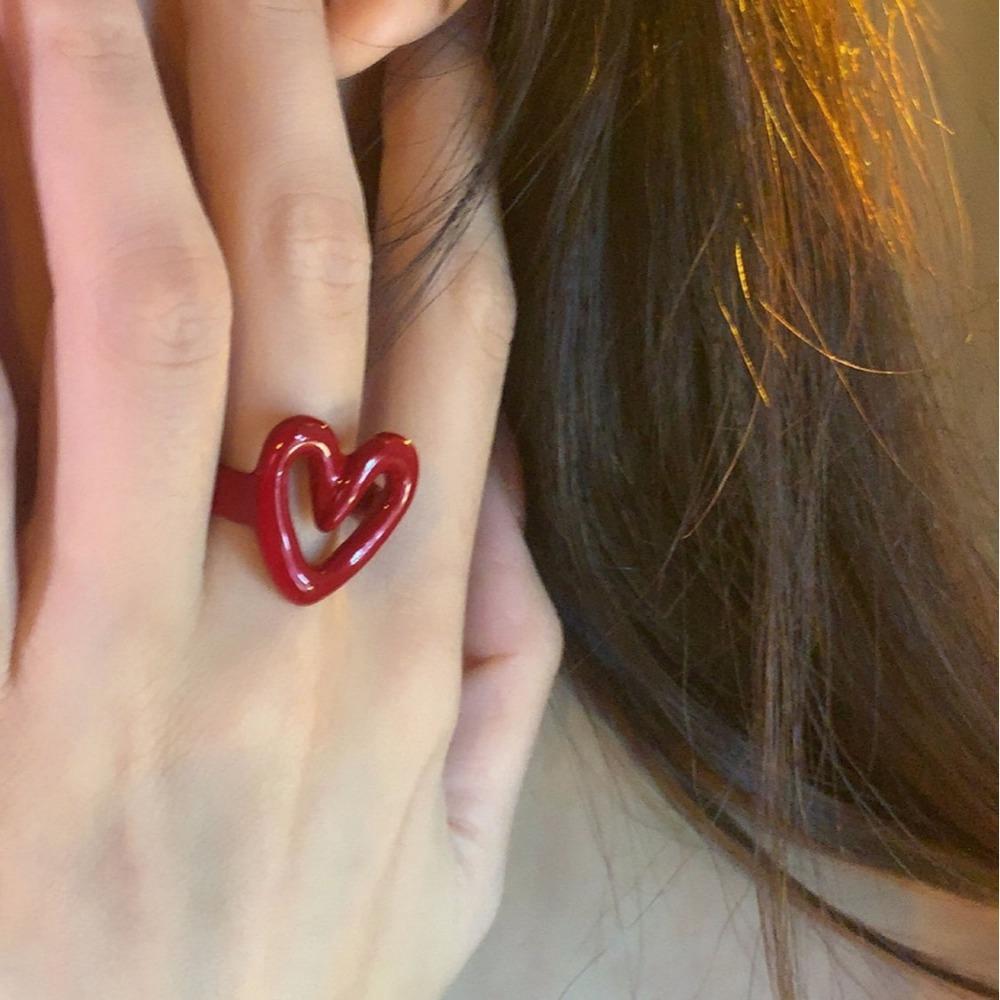 Women Red Adjustable Ring Simple Heart Shaped Rings Party Jewelry Gift