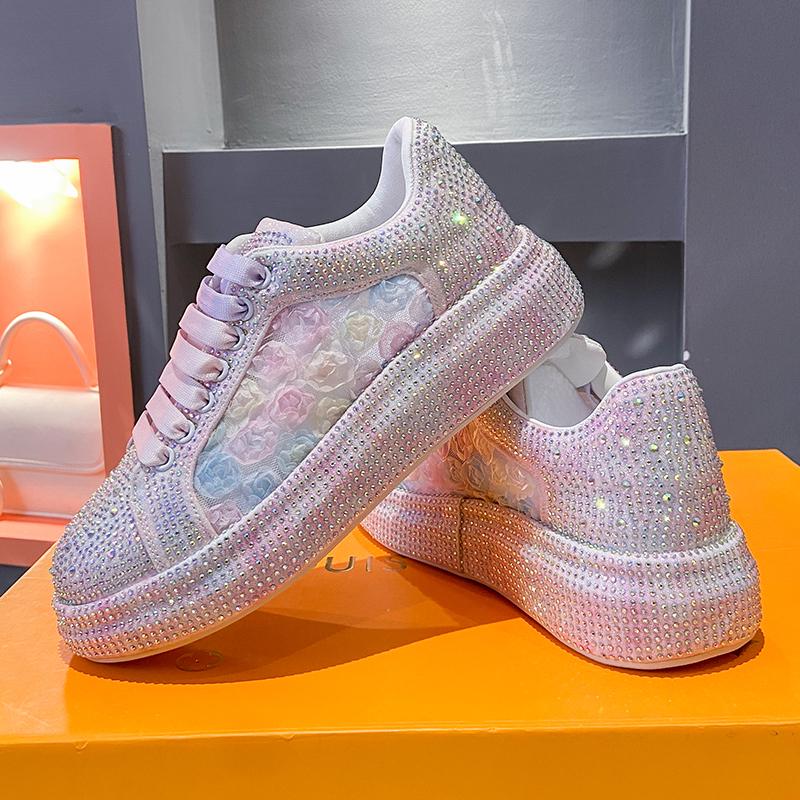 Fashion 4.5cm Micrifiber Synthetic Leather Autumn Chunky Sneakers Crystal Breathable Platform Wedge Women Vulcanize Bling Shoes