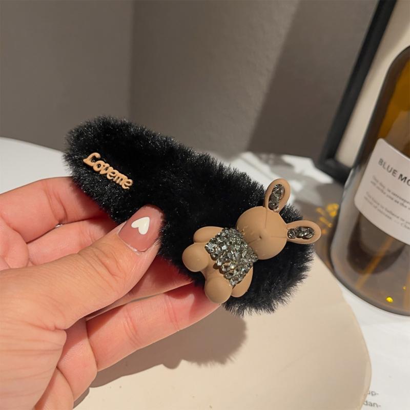 Rabbit Shape Hairpin Lovely Female Rhinestones Bunny Plush Clip Headdress Lolita Hair Barrette Nonslip Hair Clip for