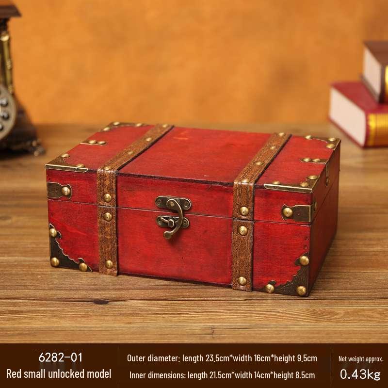 Retro Wooden Rectangular Storage Box Set with Lock - Creative Organizer & Decorative Props