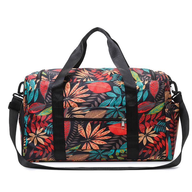 Oxford Fabric Travel Duffel Bag with Leaf Print Multiple Pockets Waterproof Gym Weekender Bag
