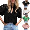 Women Tops V-Neck Puff Short Sleeves Hollow Out Crochet Shirt Solid Color Loose Fit Blouse Outdoor Leisure Wear