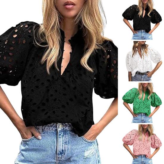 Women Tops V-Neck Puff Short Sleeves Hollow Out Crochet Shirt Solid Color Loose Fit Blouse Outdoor Leisure Wear