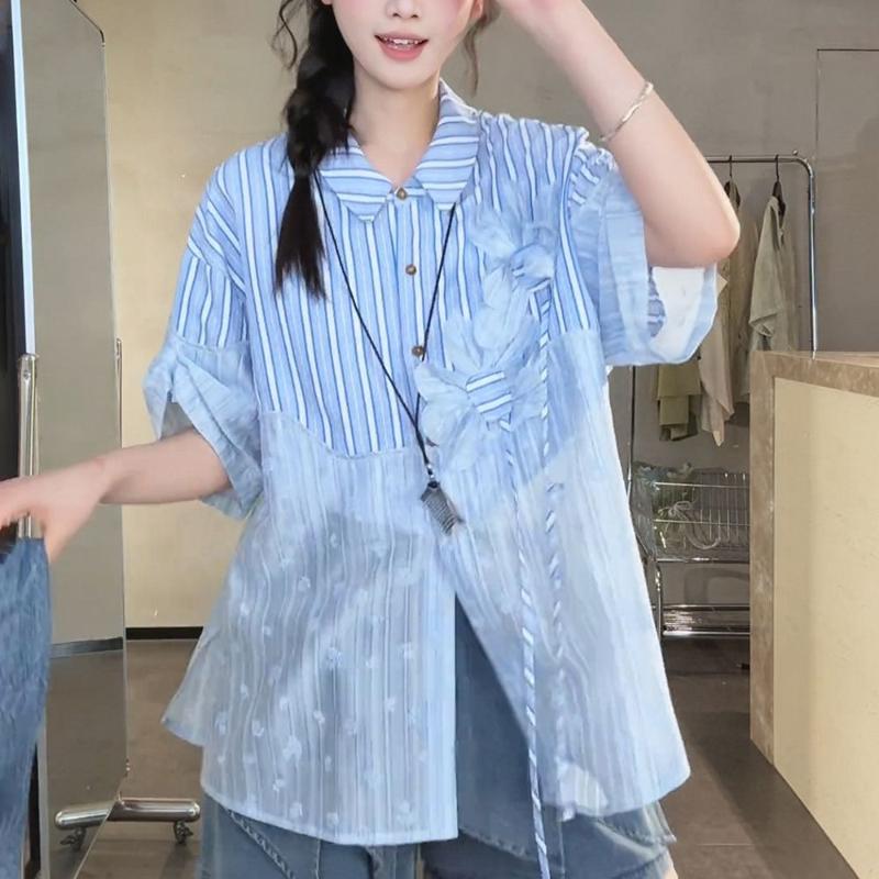 Striped Women's Short Sleeved Shirts Fashionable Lace Patchwork Bloues Korean Sweet and Simple Ladies Clothing